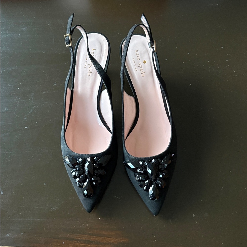 Kate Spade New York Black Grosgrain Beaded Sling Back Pumps - Picture 3 of 11